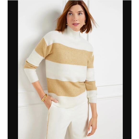 Talbots Plus Size 3X White Tan Sequin Stripe Mock Turtleneck Wool Blend Sweater - Picture 2 of 7